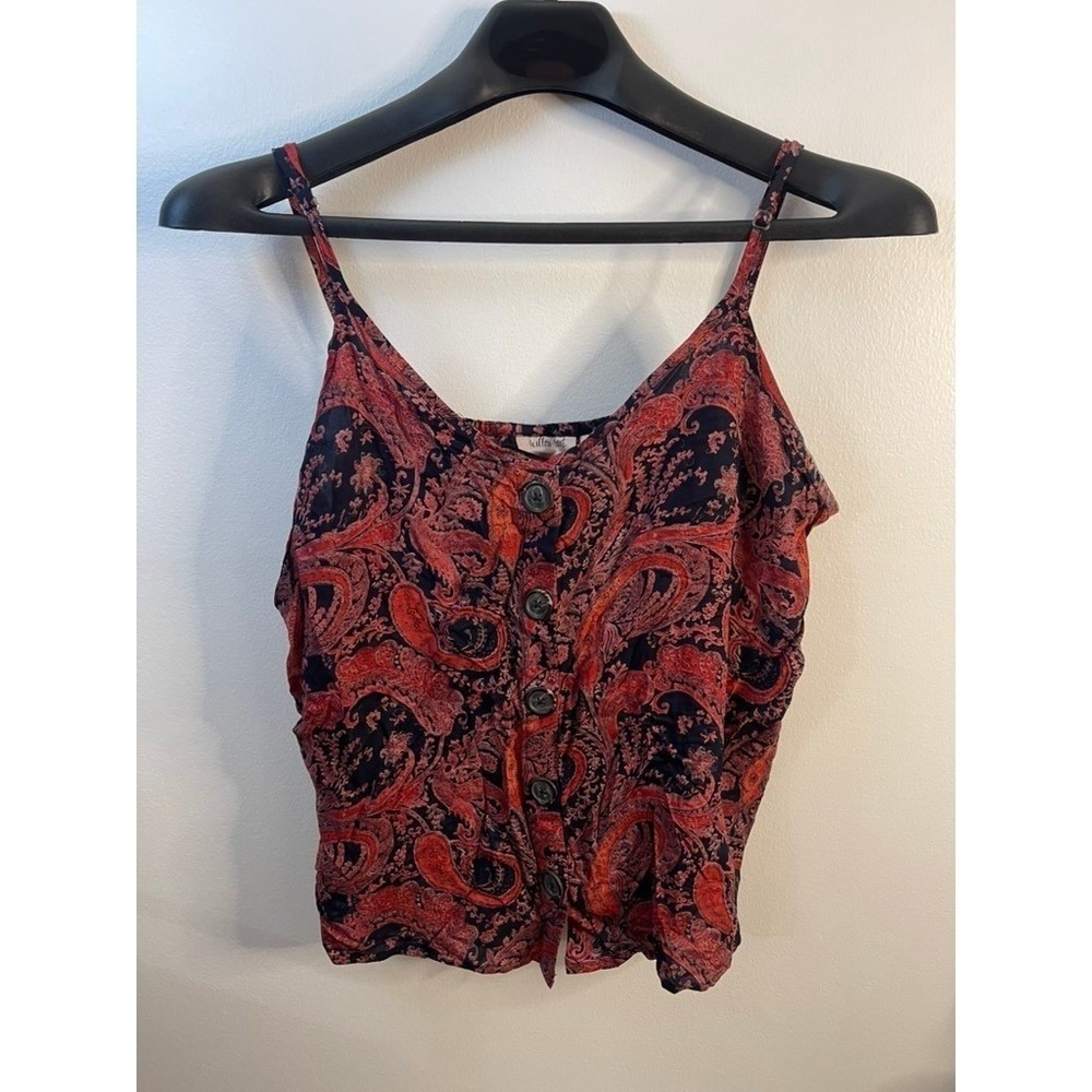 Willow + Root Womens Red Navy Paisley Button Front Cami Top Large Smocked Back